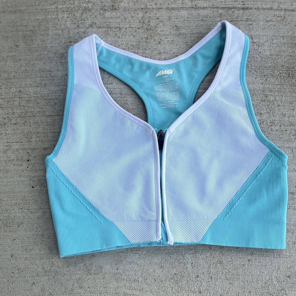 Avia Womens XXXL 3XL Front Zip Sports Bra Blue White High Impact Racerback